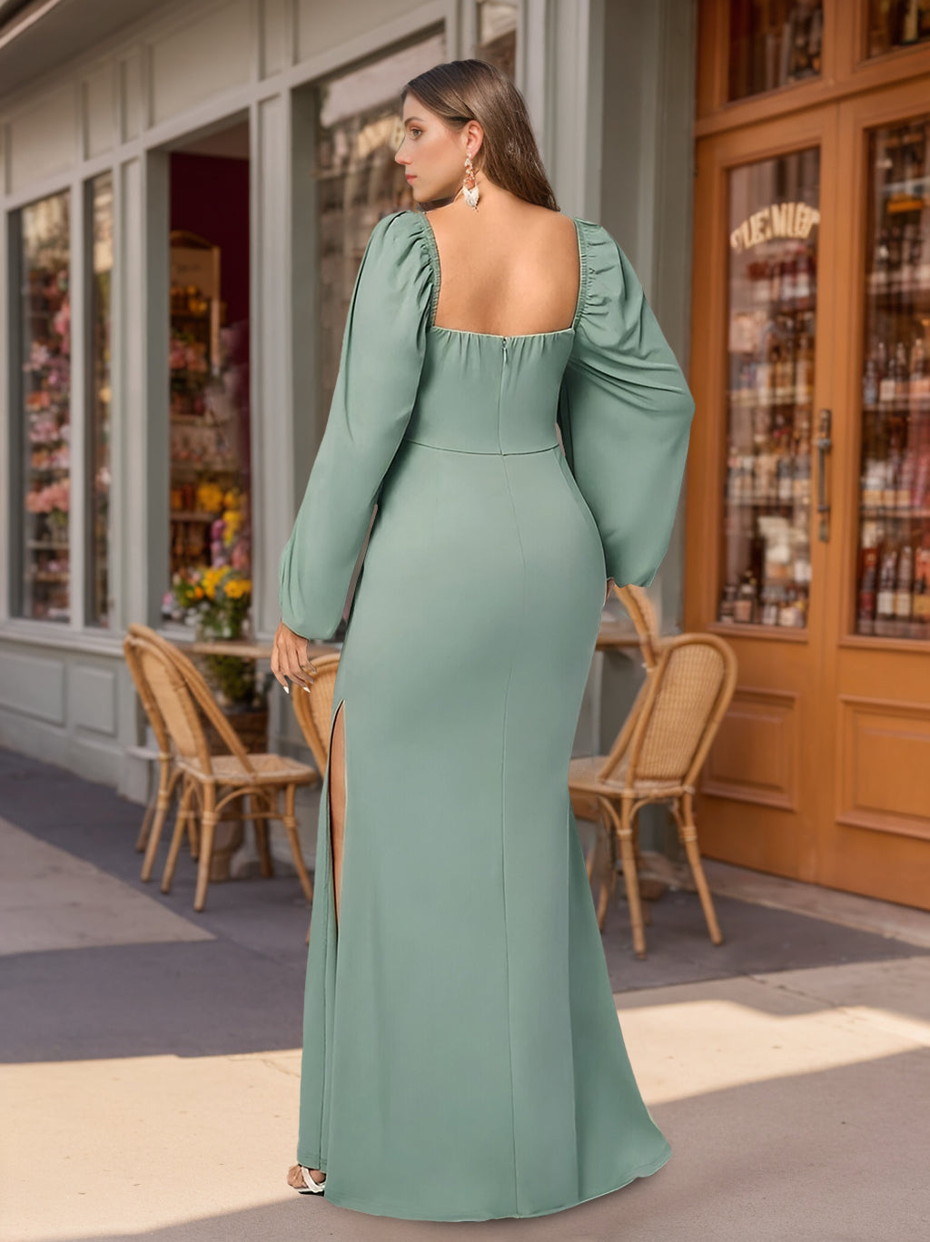 Sheath/Column Deep V-Neck Long Sleeves Floor-Length Unique Plus Size Bridesmaid Dresses with Ruffles