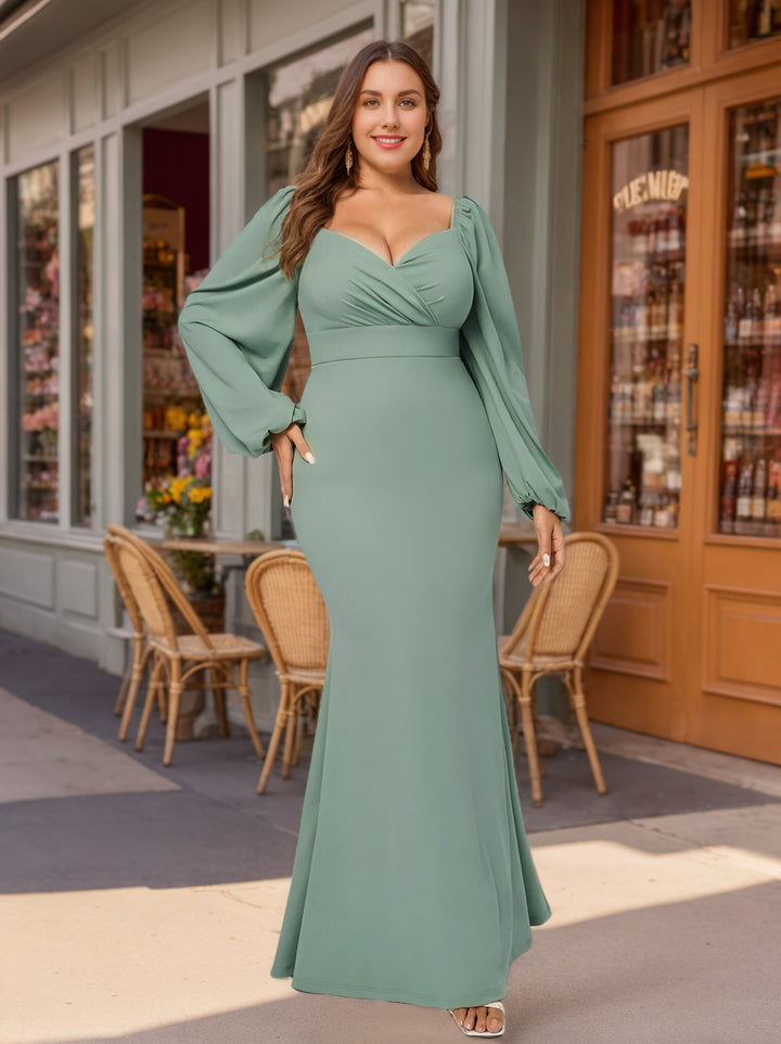 2026 Formal Evening Dresses Plus Size Mermaid/Trumpet V-Neck Long Sleeves Floor-Length Chiffon Wedding Guest Gowns with Split Side, Mint Green 2026 Formal Evening Dresses Plus Size Mermaid/Trumpet V-Neck Long Sleeves Floor-Length Chiffon Wedding Guest Gowns with Split Side, Mint Green