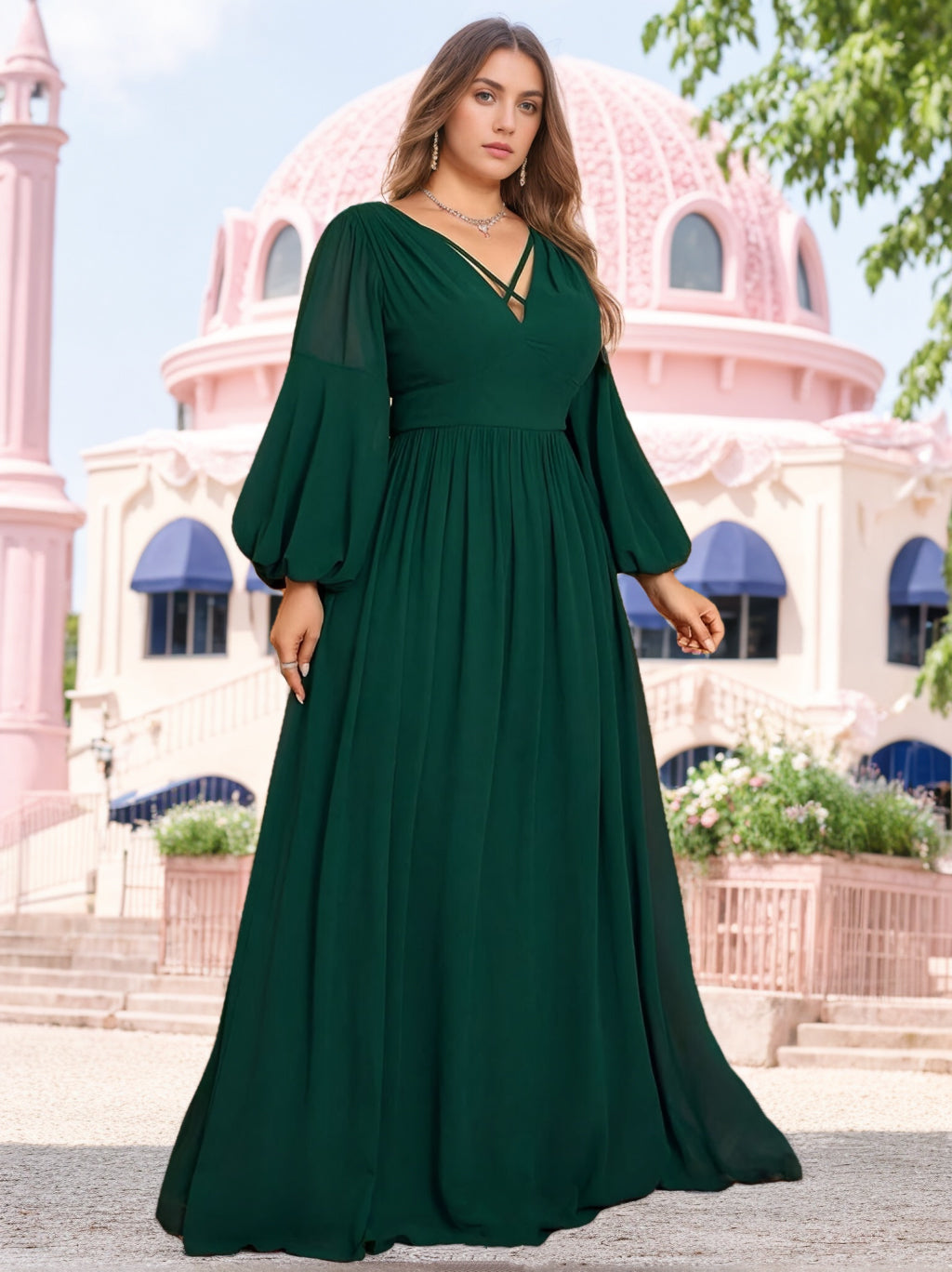 A-Line/Princess V-Neck Long Sleeves Floor-Length Plus Size Bridesmaid Dresses with Ruffles