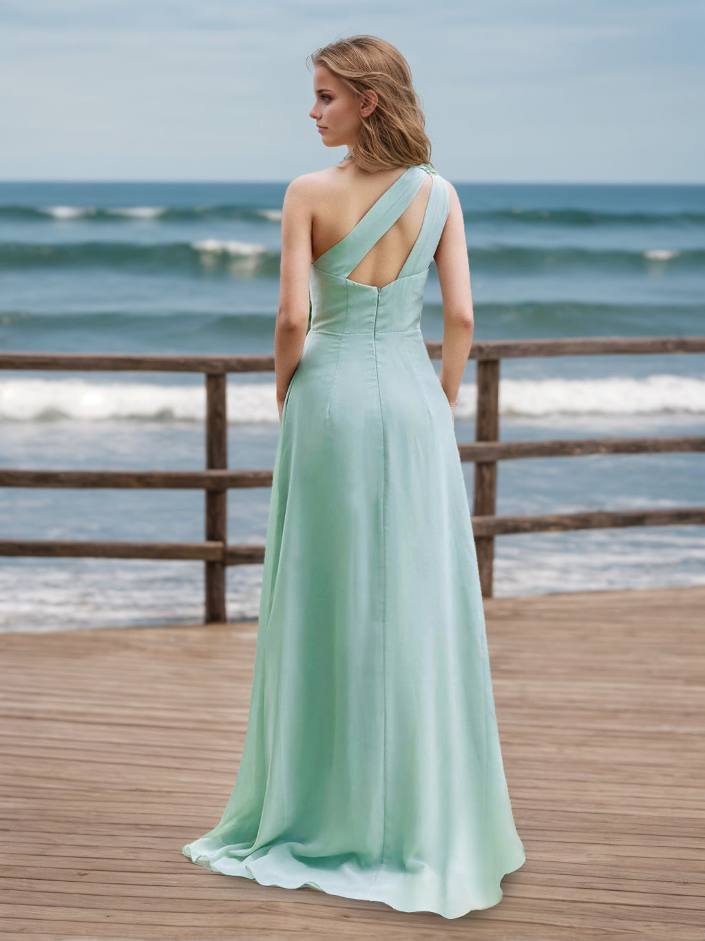 A-Line/Princess One-Shoulder Sleeveless Floor-Length Floral Bridesmaid Dresses with Split Side