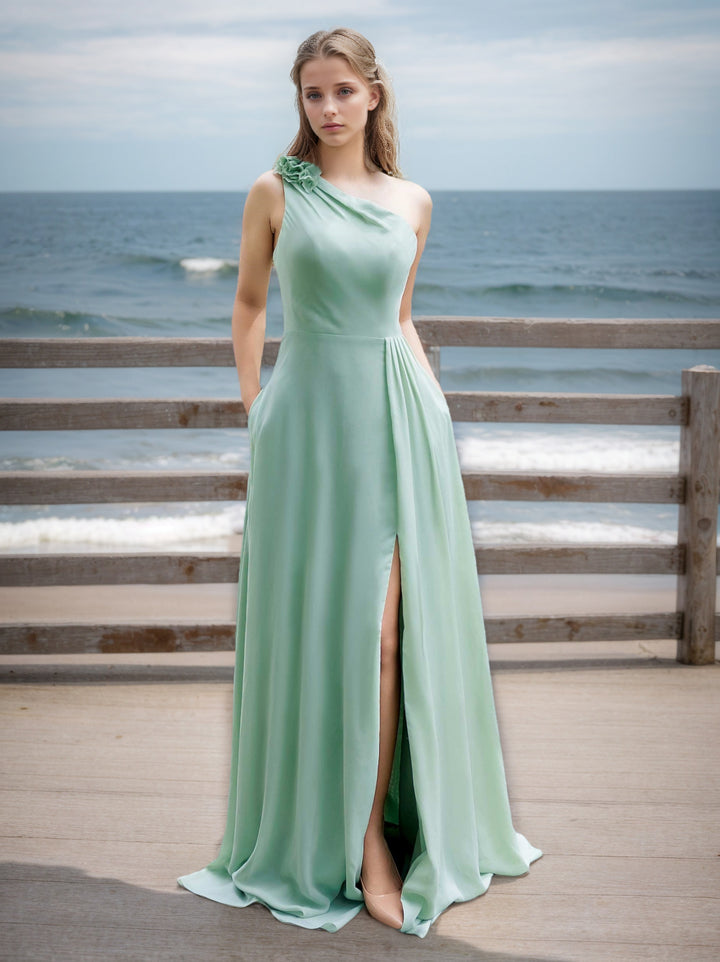 Dusty Sage Bridesmaid Dresses One-Shoulder Chiffon A-Line Sleeveless Long Formal Wedding Guest Gowns with Split Side & 3D Flower, Dusty Sage Dusty Sage Bridesmaid Dresses One-Shoulder Chiffon A-Line Sleeveless Long Formal Wedding Guest Gowns with Split Side & 3D Flower, Dusty Sage