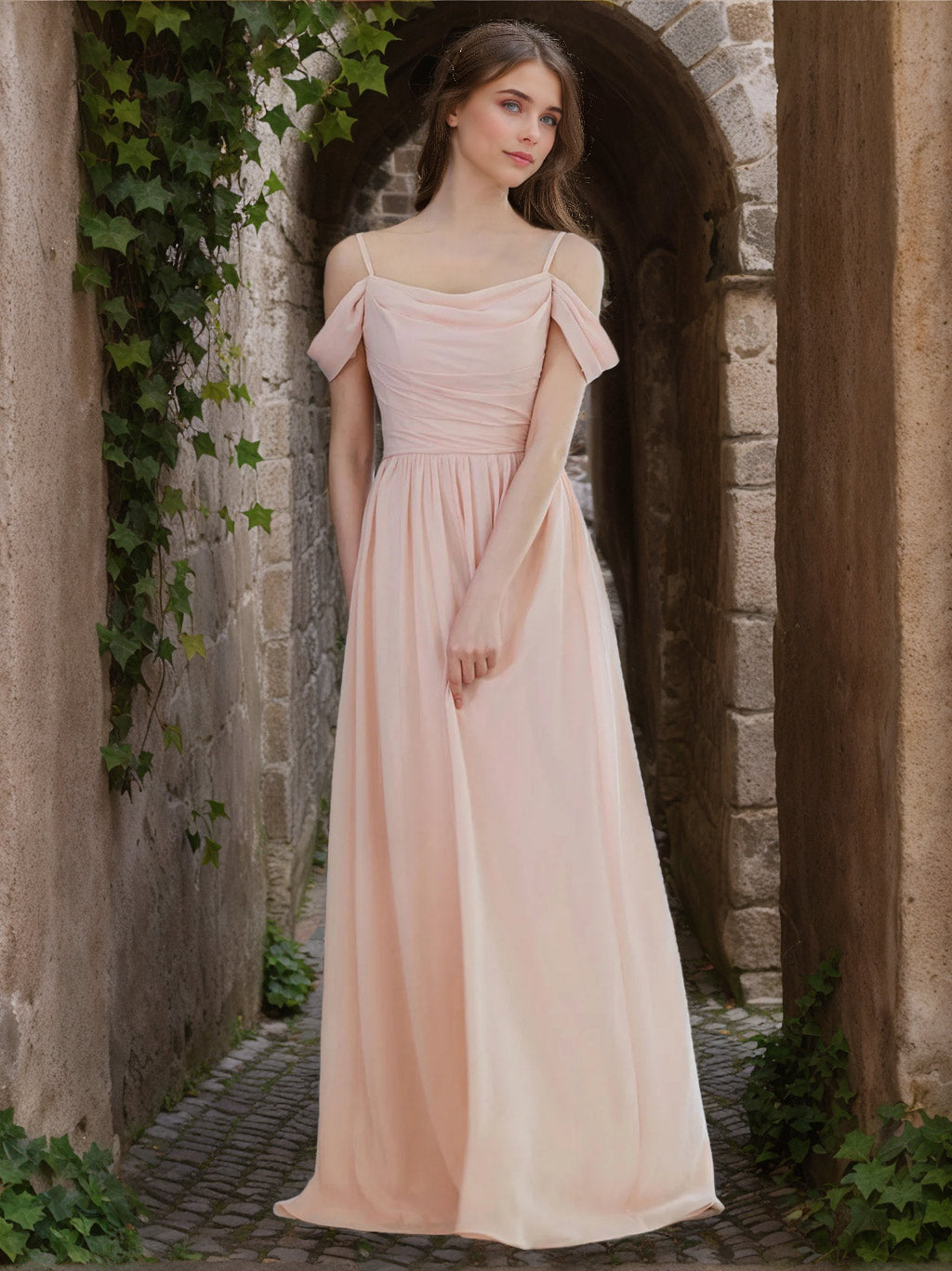 Blush Pink Bridesmaid Dresses 2026 Elegant A-Line Spaghetti Straps Cold Shoulder Floor-Length Chiffon Formal Evening Gowns, Blush Pink
