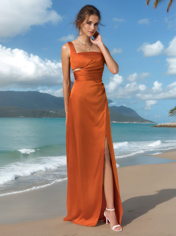 A-Line/Princess Square Neck Sleeveless Floor-Length Silk Satin Bridesmaid Dresses with Split Side