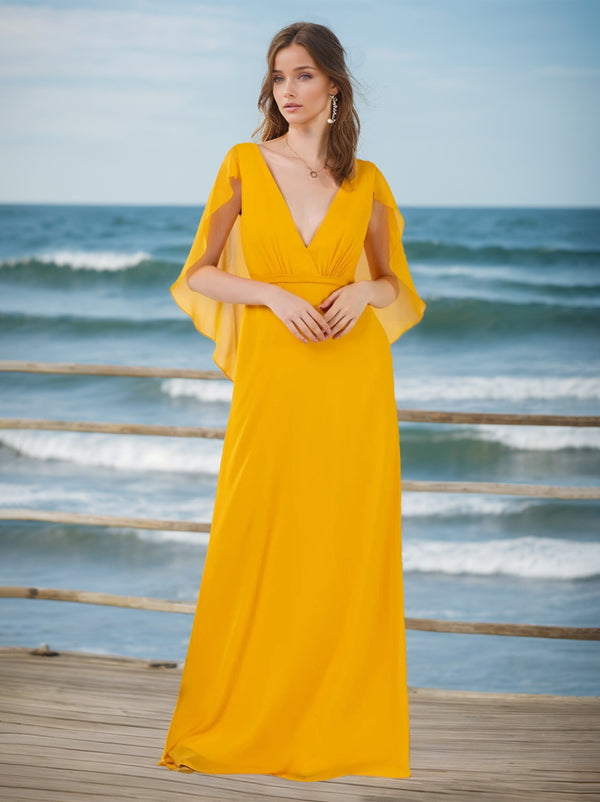 A-Line/Princess Deep V-Neck Sleeveless Floor-Length Chiffon Unique Bridesmaid Dresses with Ruffles