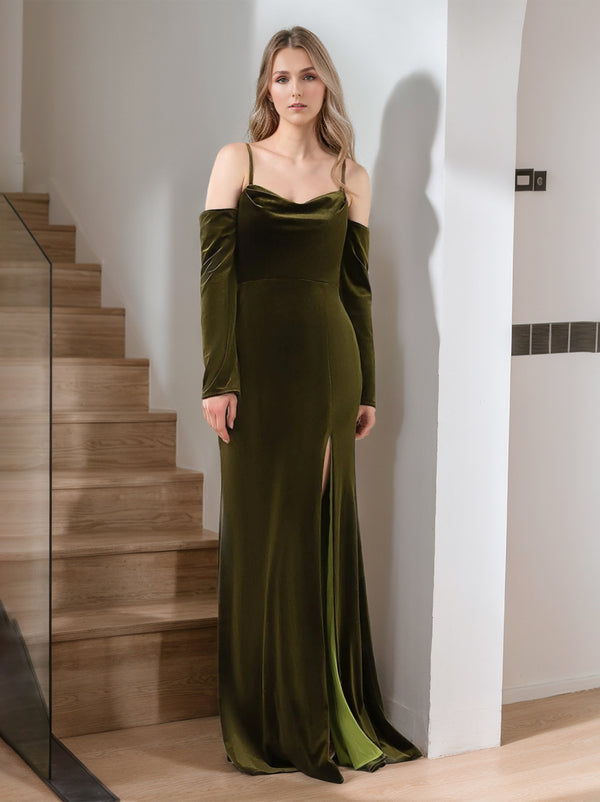A-Line/Princess Spaghetti Straps Sleeveless Floor-Length Velvet Unique Bridesmaid Dresses with Split Side
