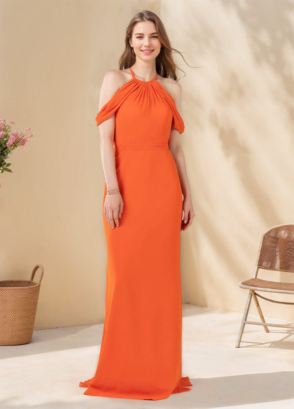A-Line/Princess Halter Neck Sleeveless Floor-Length Bridesmaid Dresses with Ruffles