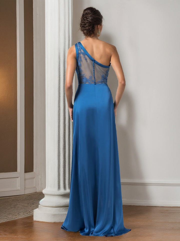 One-Shoulder Bridersmaid Dresses Royal Blue Sheath/Column Sleeveless Long Formal Evening Gowns with Split Side & Appliques, As Pic One-Shoulder Bridersmaid Dresses Royal Blue Sheath/Column Sleeveless Long Formal Evening Gowns with Split Side & Appliques, As Pic