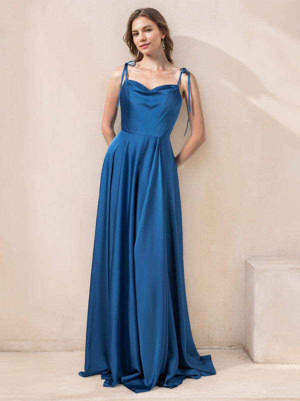 A-Line/Princess Spaghetti Straps Sleeveless Floor-Length Stretch Satin Bridesmaid Dresses