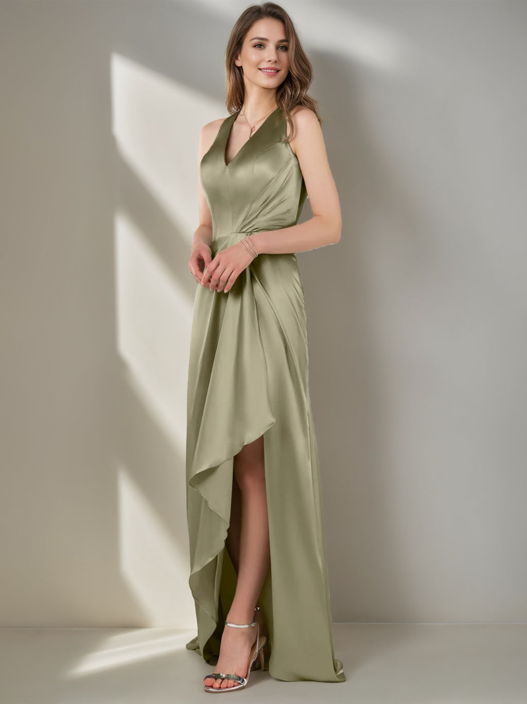 A Line/Princess V-Neck Sleeveless Asymmetrical Bridesmaid Dresses with Split Side & Ruffles