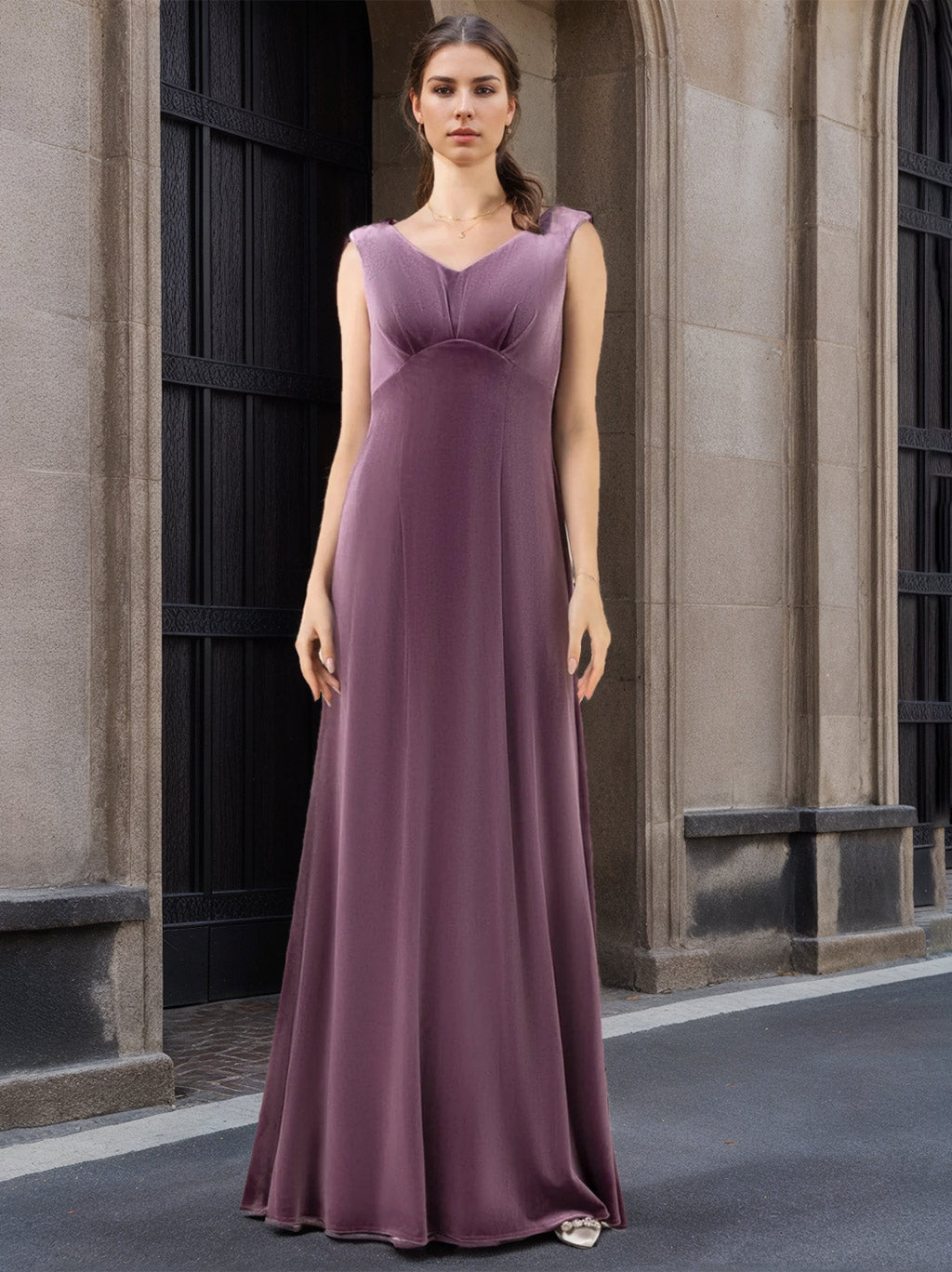 2026 Velvet Bridesmaid Dresses Chic Women's A-Line V-Neck Sleeveless Floor-Length Formal Evening Gowns with Pleats, As Pic