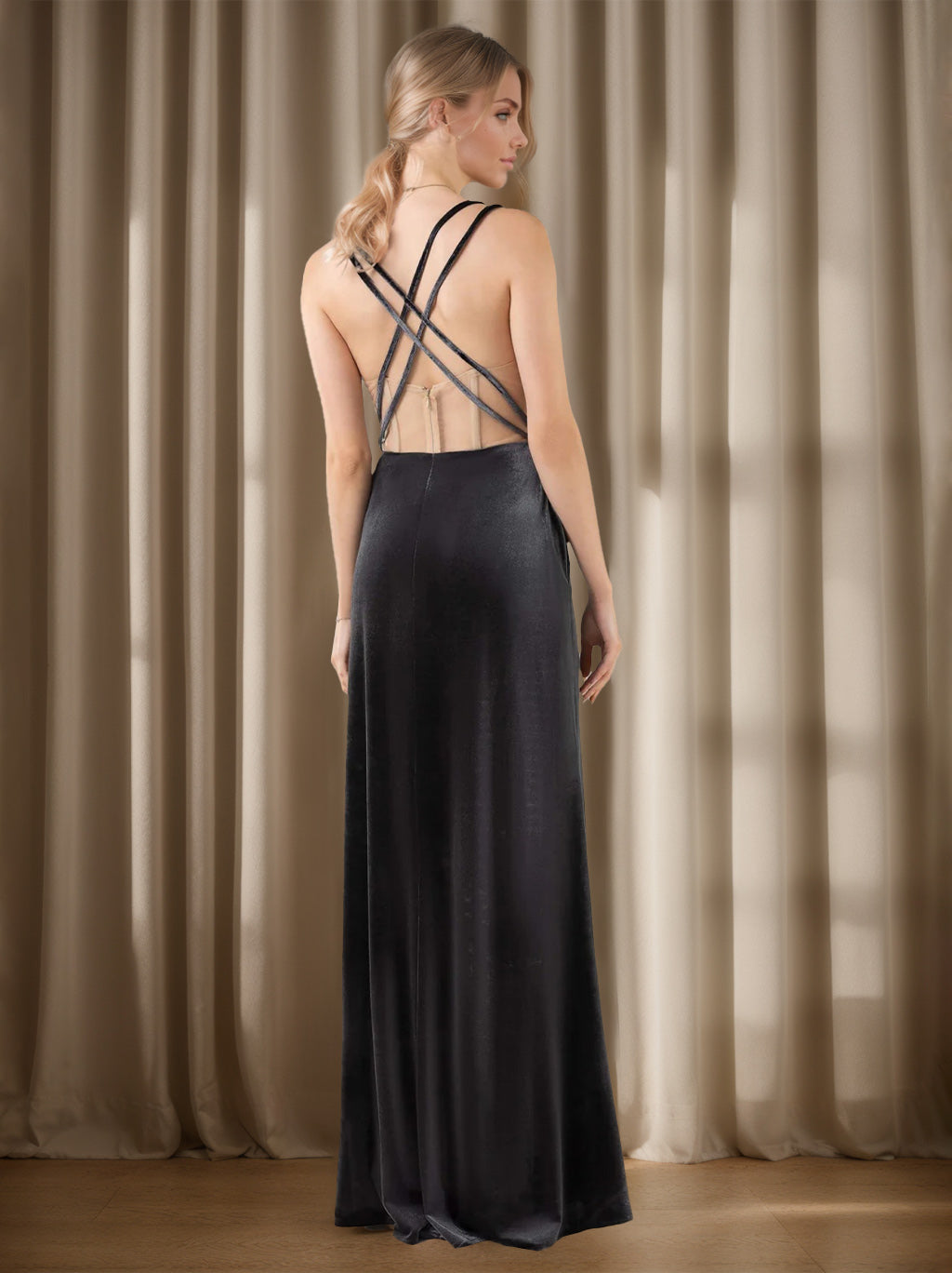 silver velvet bridesmaid dresses Spaghetti Straps Velvet Bridesmaid Dresses with Slit