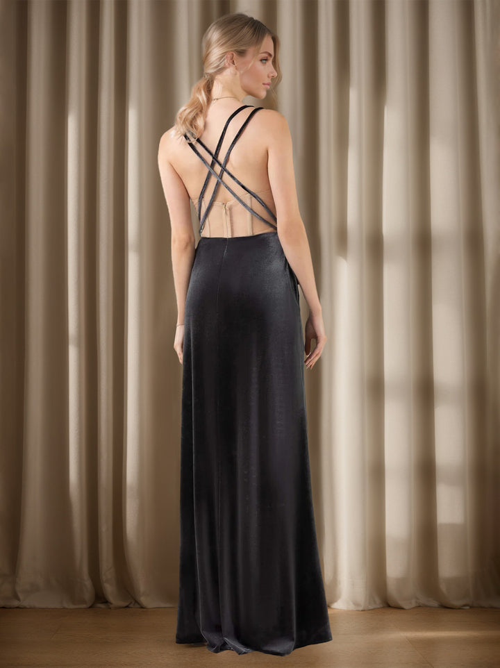 Velvet Bridesmaid Dresses Chic Women's A-line Spaghetti Straps Sleeveless Floor-Length Formal Evening Gowns with Bow Belt, Charcoal Gray Velvet Bridesmaid Dresses Chic Women's A-line Spaghetti Straps Sleeveless Floor-Length Formal Evening Gowns with Bow Belt, Charcoal Gray