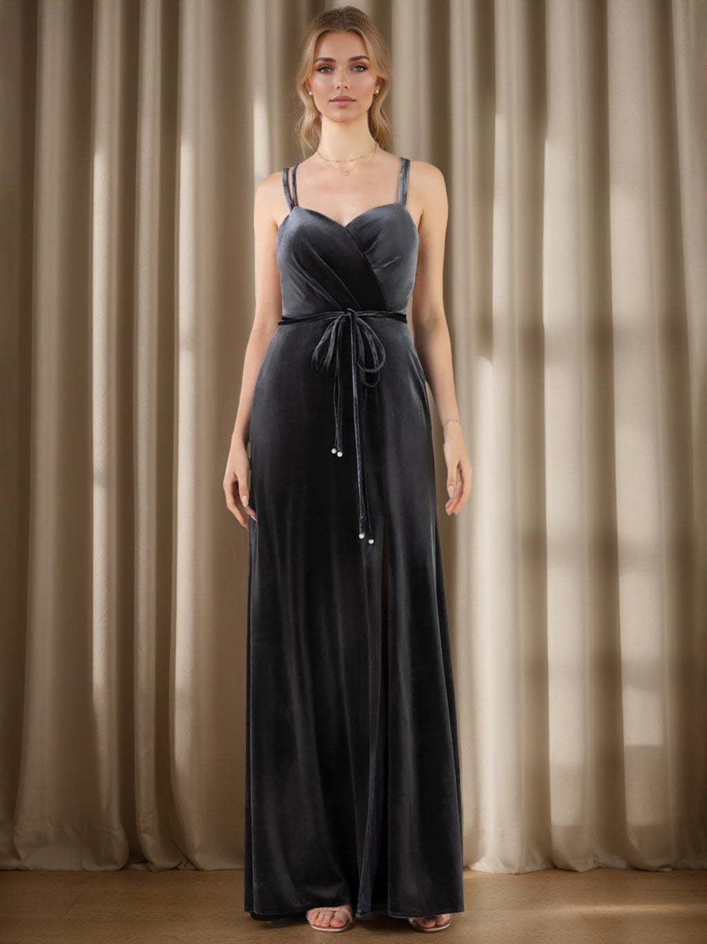 Velvet Bridesmaid Dresses Chic Women's A-line Spaghetti Straps Sleeveless Floor-Length Formal Evening Gowns with Bow Belt, Charcoal Gray