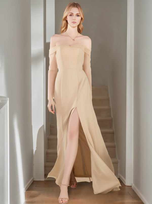 A-Line/Princess Off-the-Shoulder Sleeveless Floor-Length Bridesmaid Dresses with Split Side