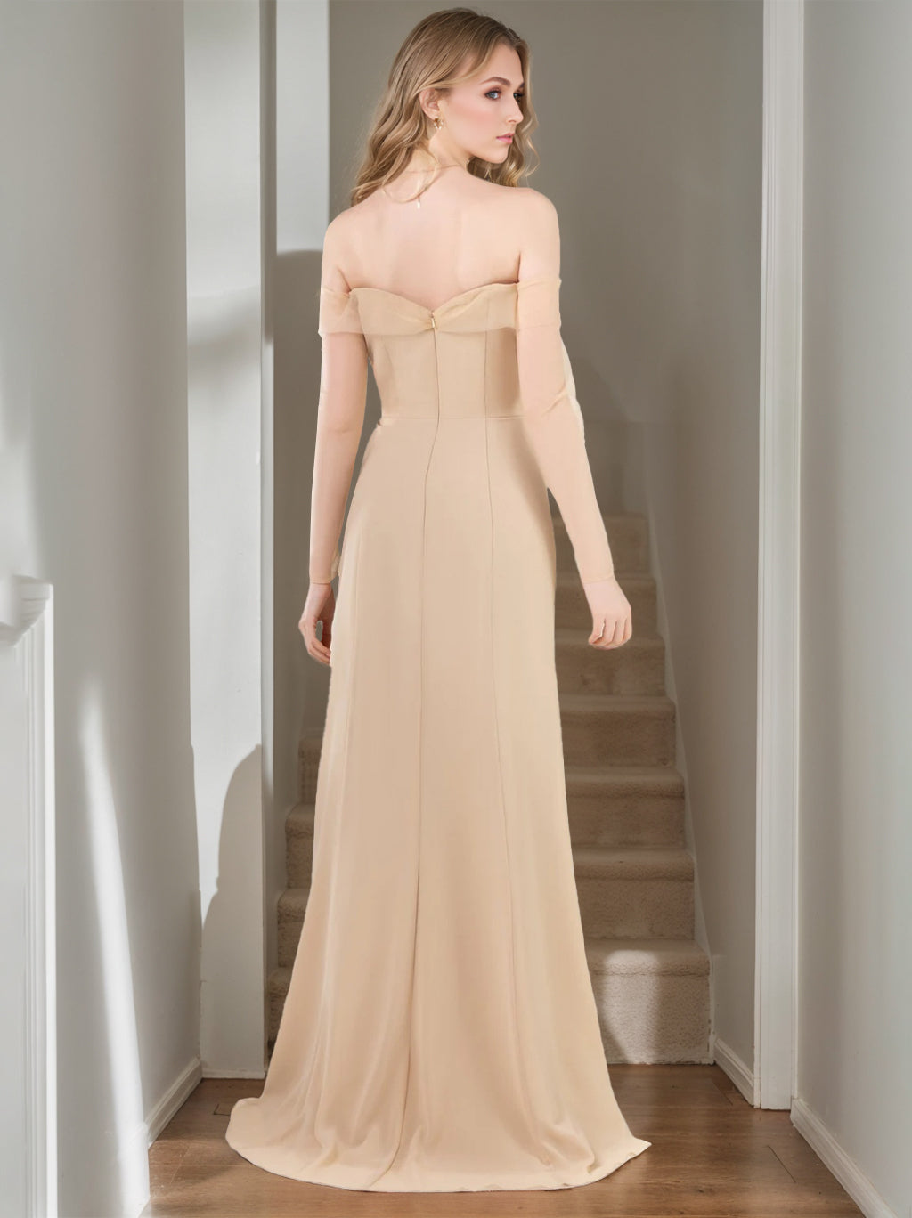 A Line/Princess Off-the-Shoulder Sleeveless Floor-Length Bridesmaid Dresses with Split Side