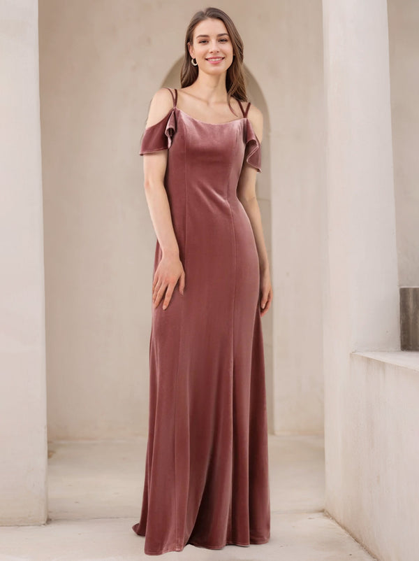 A-Line/Princess Spaghetti Straps Velvet Floor-Length Bridesmaid Dresses
