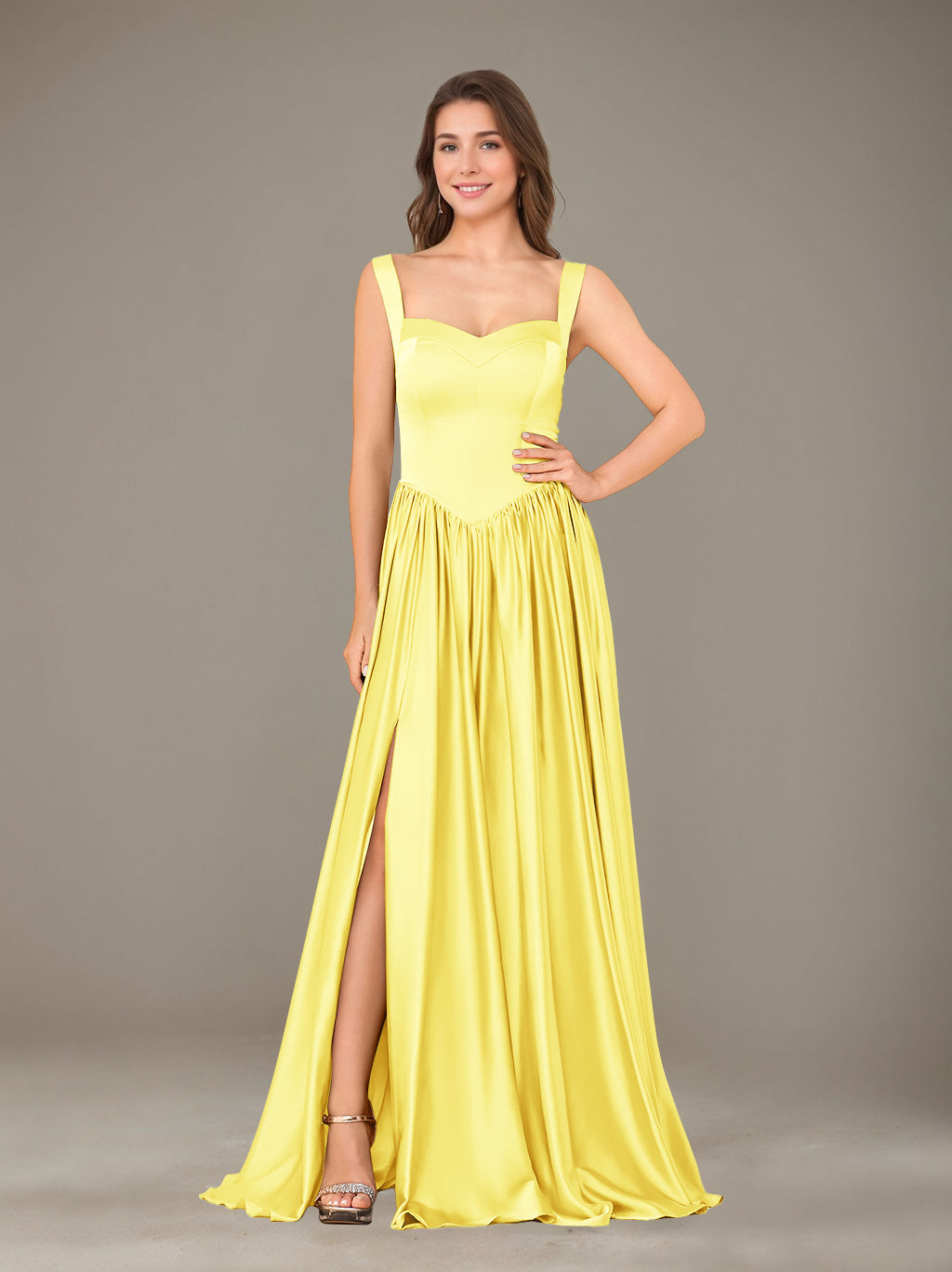 A-Line/Princess Sweetheart Sleeveless Floor-Length Silk Satin Bridesmaid Dresses with Pleated & Split Side Yellow A-Line/Princess Sweetheart Sleeveless Floor-Length Silk Satin Bridesmaid Dresses with Pleated & Split Side Yellow