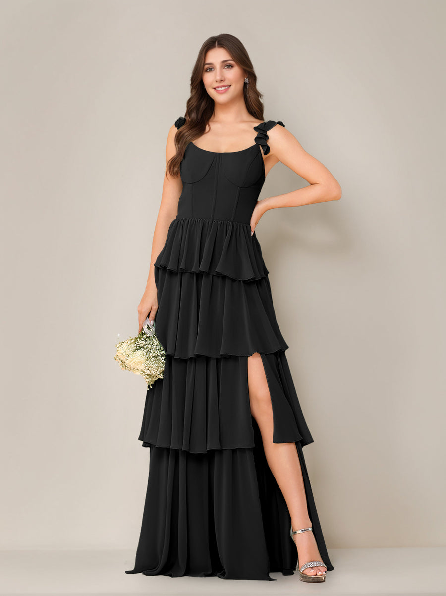 A-Line/Princess Scoop Neck Sleeveless Floor-Length Bridesmaid Dress with Ruffles & Split Side