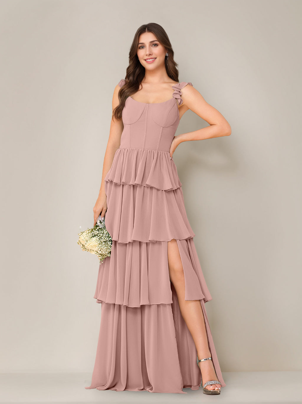 a-line scoop floor-length chiffon bridesmaid dress with ruffle A-line Scoop Floor-Length Chiffon Bridesmaid Dress With Ruffle RoseProm