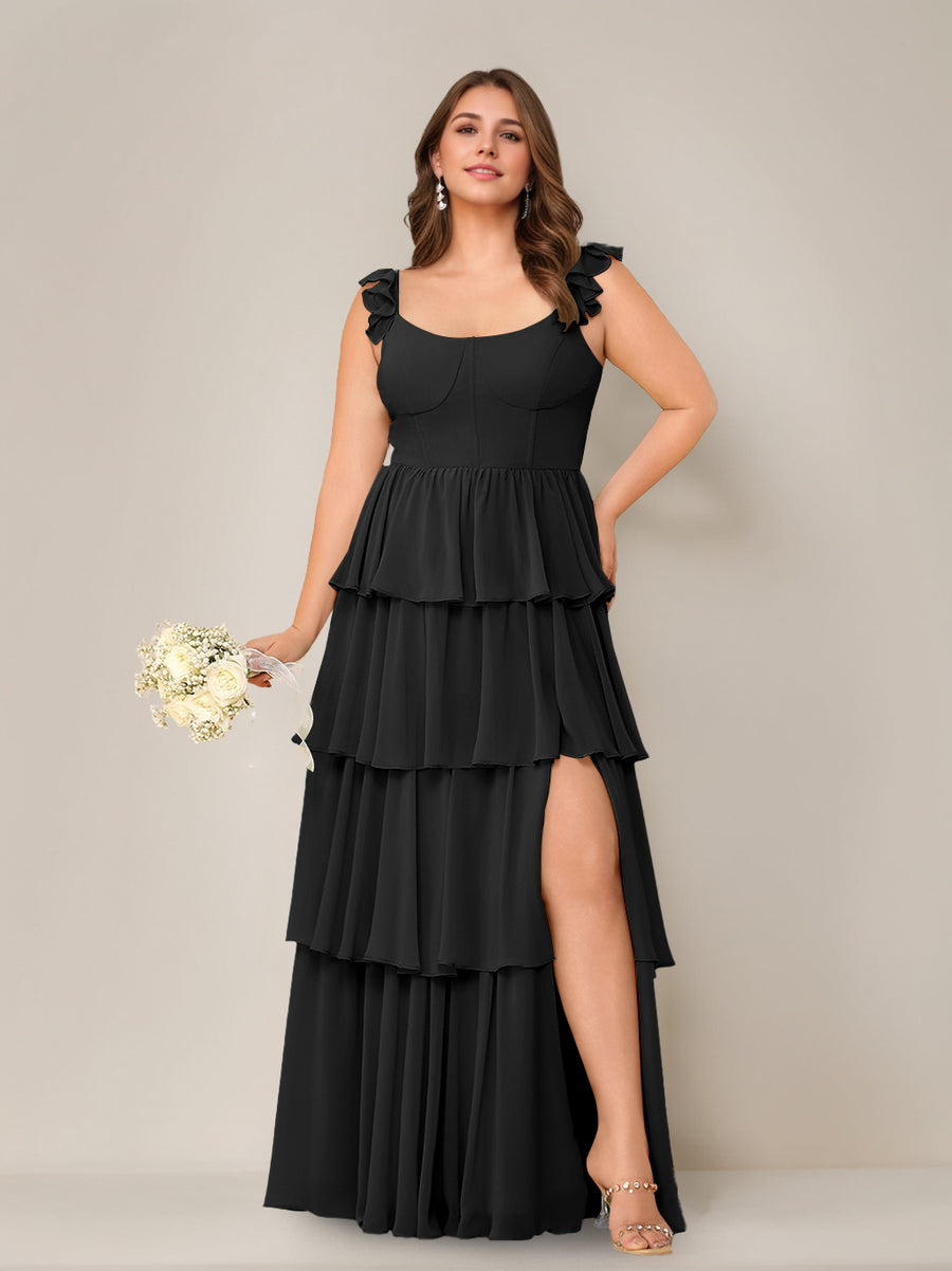 A-Line/Princess Scoop Neck Sleeveless Floor-Length Plus Size Bridesmaid Dress with Ruffles & Split Side
