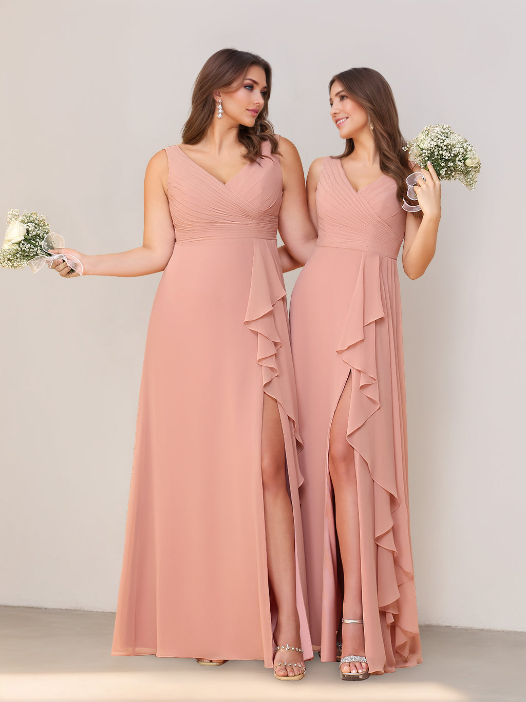 Mondressy Salmon Bridesmaid Dresses Women's A-Line/Princess V-Neck Sleeveless Floor-Length Chiffon Formal Dress Evening Party Gowns, As Pic Mondressy Salmon Bridesmaid Dresses Women's A-Line/Princess V-Neck Sleeveless Floor-Length Chiffon Formal Dress Evening Party Gowns, As Pic