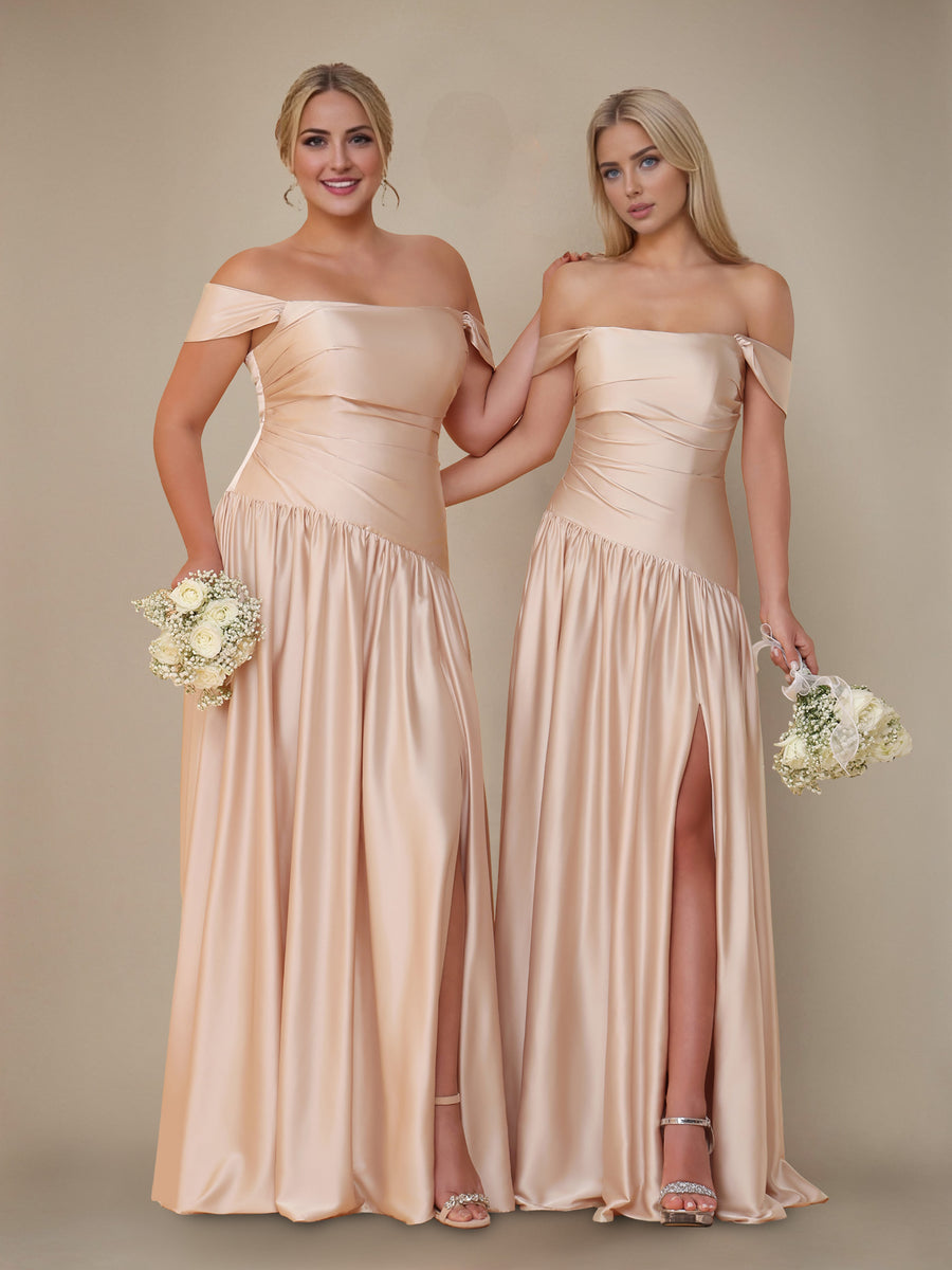 A-Line/Princess Off-the-Shoulder Sleeveless Floor-Length Silk Satin Br - Mondressy A-Line/Princess Off-the-Shoulder Sleeveless Floor-Length Silk Satin Br - Mondressy