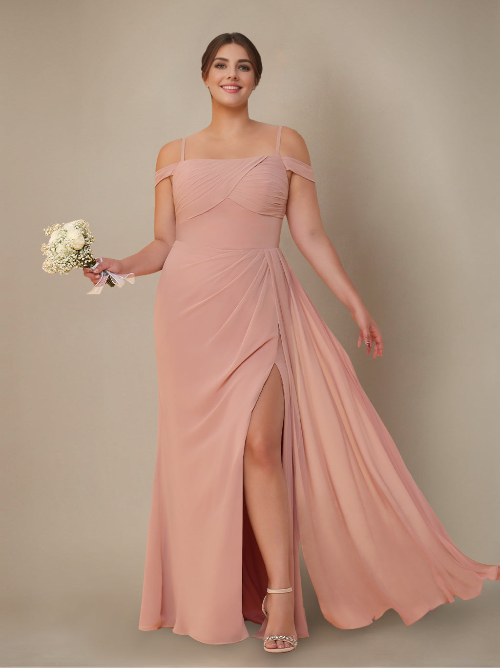 off the shoulder spaghetti strap dress 2026 Elegant Bridesmaid Dresses Dusty Rose for Women Sheath Off-the-Shoulder Spaghetti Straps Floor-Length Formal Wedding Guest Dress with Split Side,