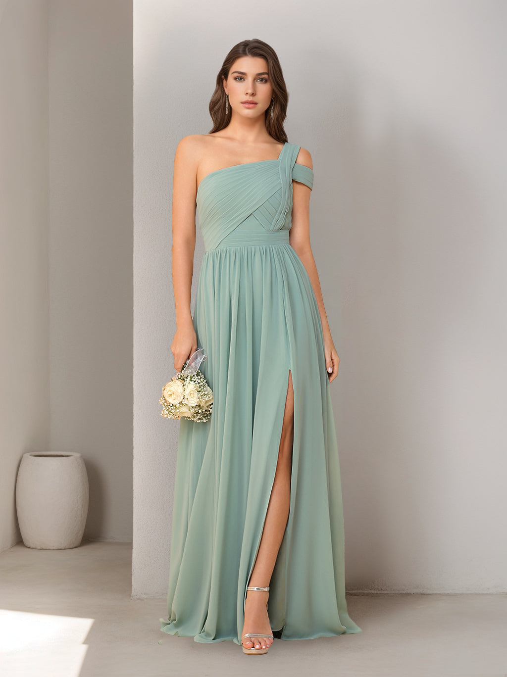 bridesmaid dresses with one strap Sweet Pleated One Shoulder Chiffon Bridesmaid Dress