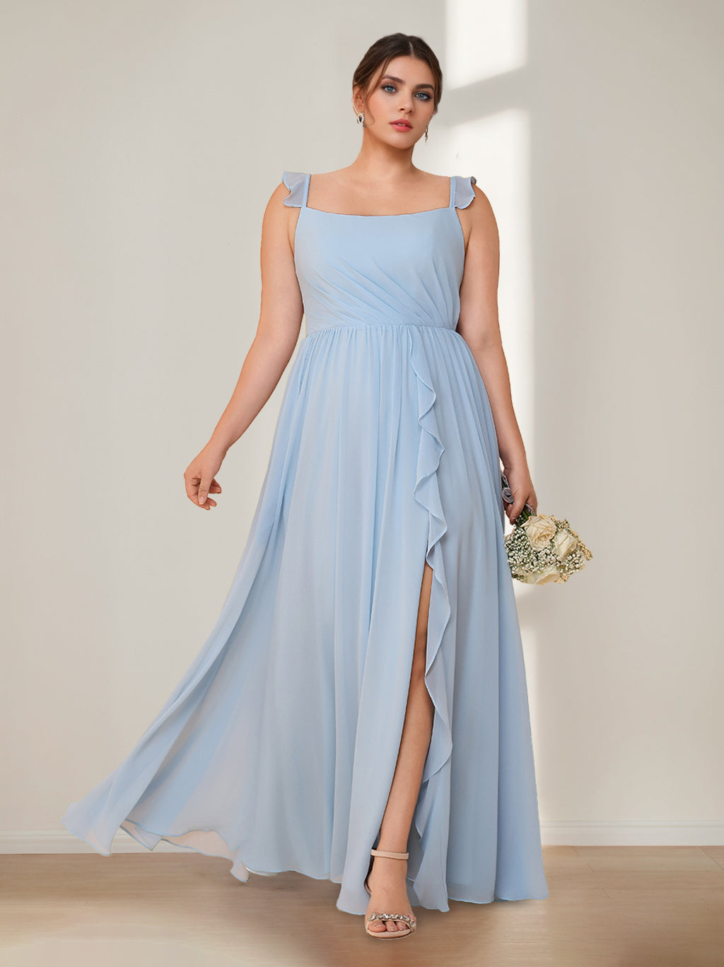 Plus Bridesmaid Dresses Light Blue Women's A-Line/Princess Square Neck Sleeveless Floor-Length Chiffon Formal Dress Evening Party Gowns, As Pic
