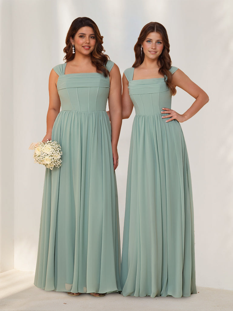 A-Line/Princess Square Neck Sleeveless Floor-Length Chiffon Bridesmaid -  Mondressy