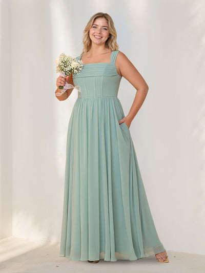 A Line/Princess Spaghetti Straps Sleeveless Floor-Length Plus Size Bridesmaid Dresses with Split Side