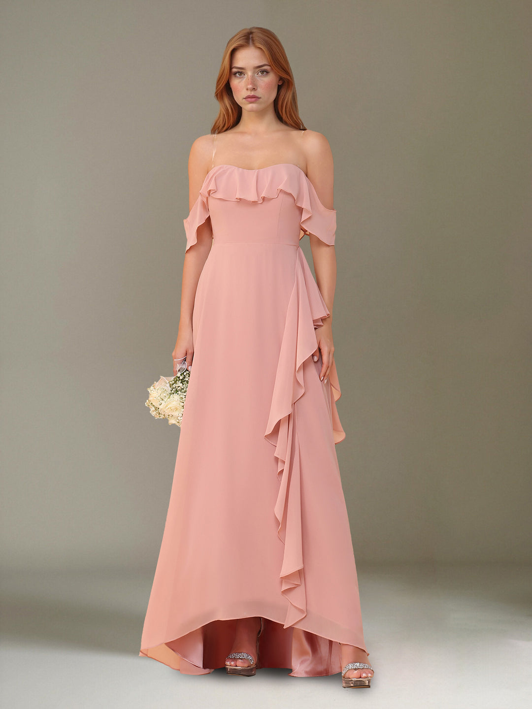 A-Line/Princess Off-the-Shoulder Asymmetrical Chiffon Bridesmaid Dresses with Ruffles