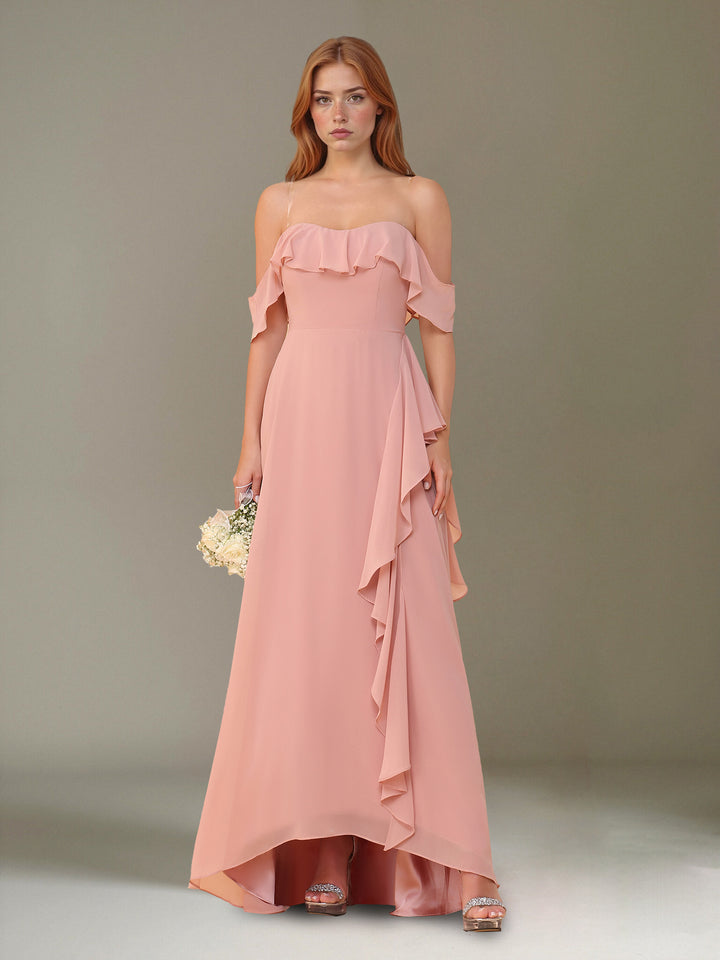 A-Line/Princess Off-the-Shoulder Asymmetrical Chiffon Bridesmaid Dresses with Ruffles