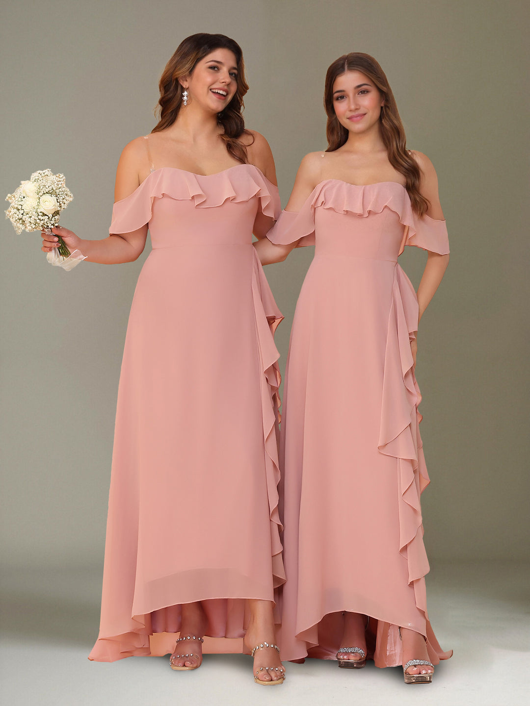 A-Line/Princess Off-the-Shoulder Asymmetrical Chiffon Bridesmaid Dresses with Ruffles