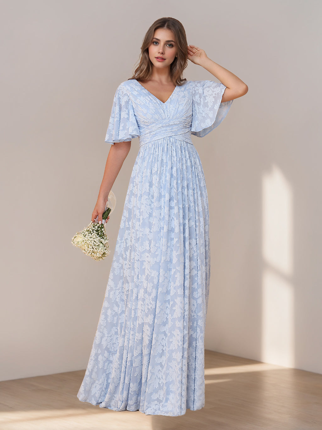 Long Floral Bridesmaid Dresses A-Line/Princess V-Neck Short Sleeves Floor-Length Formal Dresses Evening Party Gowns with Ruffles Long Floral Bridesmaid Dresses A-Line/Princess V-Neck Short Sleeves Floor-Length Formal Dresses Evening Party Gowns with Ruffles