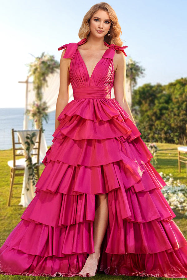 A-Line/Princess V-Neck Prom Dresses Sleeveless Floor-length Evening Party Dresses with Split Side & Ruffles
