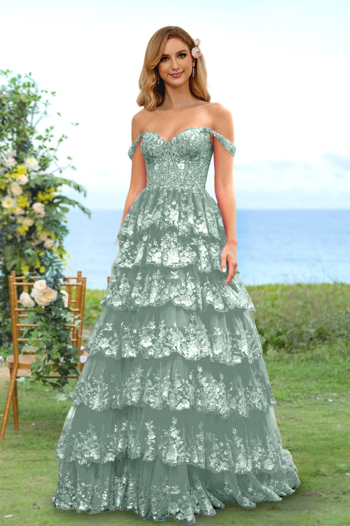 A-Line/Princess Sweetheart Off-the-Shoulder Long Prom Evening Party Floral Dresses with Sequins & Ruffles