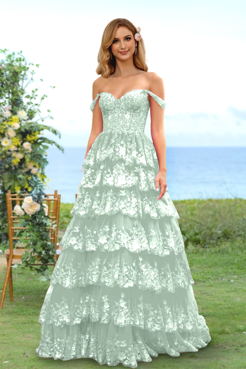 A-Line/Princess Sweetheart Off-the-Shoulder Long Prom Evening Party Floral Dresses with Sequins & Ruffles