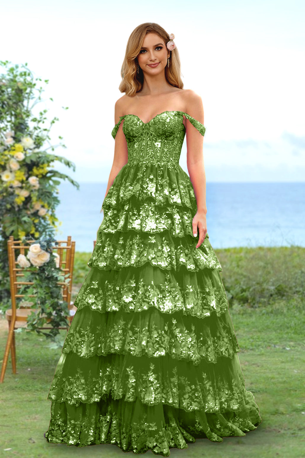 olive green off the shoulder prom dress Elegant Off-shoulder Olive Green With Yellow Lace A-line Long Prom Dre SposaBridal