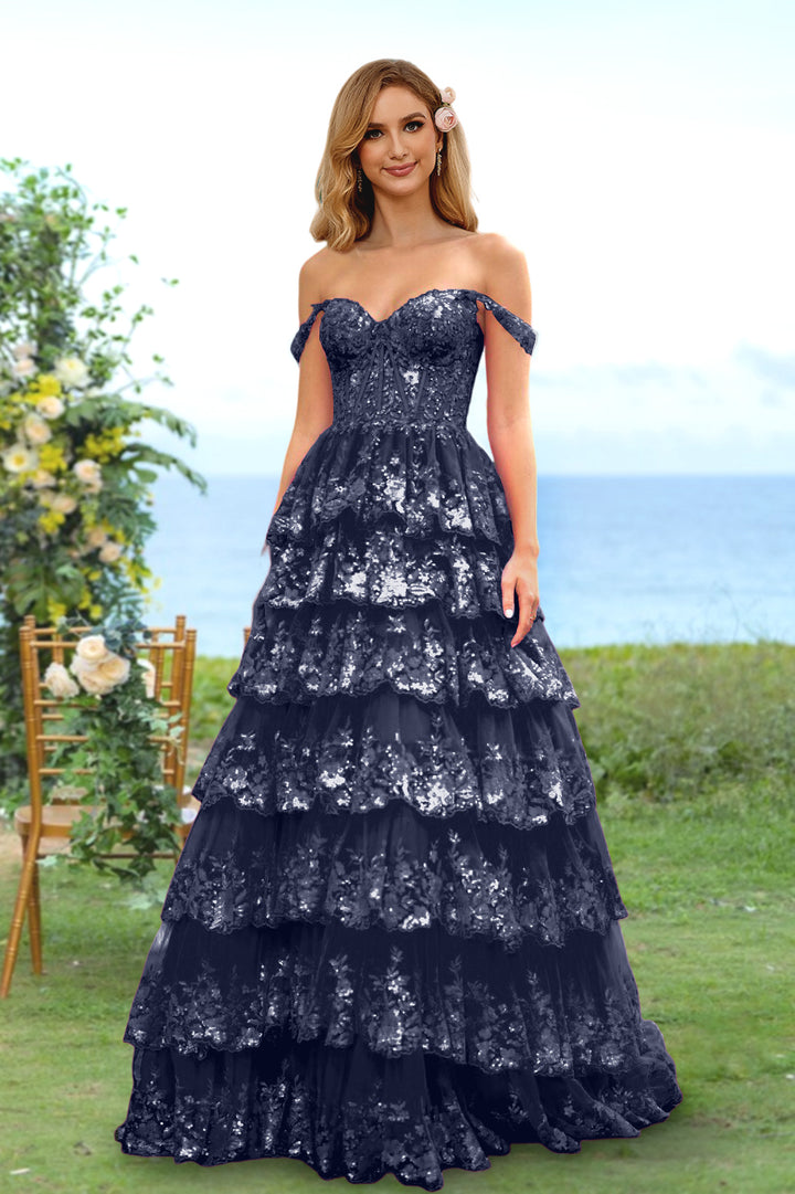 A-Line/Princess Sweetheart Off-the-Shoulder Long Prom Evening Party Floral Dresses with Sequins & Ruffles