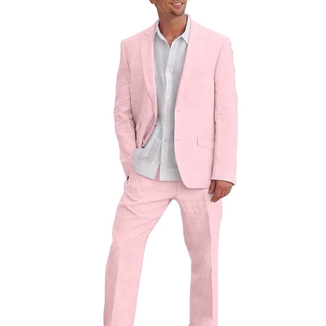 Men's Tailored Fit Single Breasted Two-buttons 2 Pieces Solid Colored Linen Suits