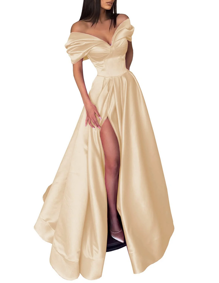A-Line/Princess Off-the-Shoulder Long Prom Dresses With Split Side