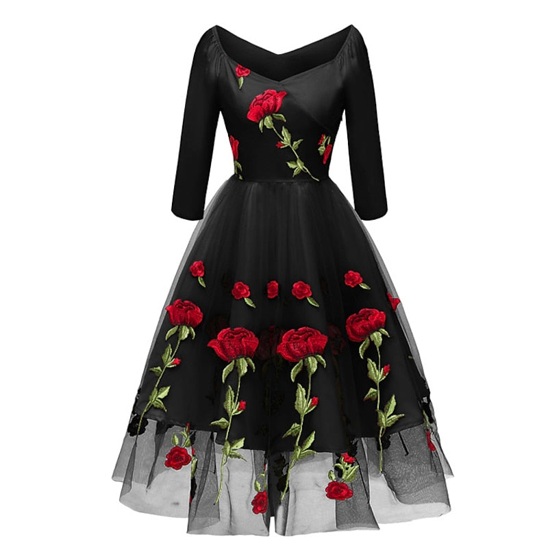 A-Line/Princess V-Neck Long Sleeves Tea-Length Halloween Performance Costumes Dress with Lace & Appliques