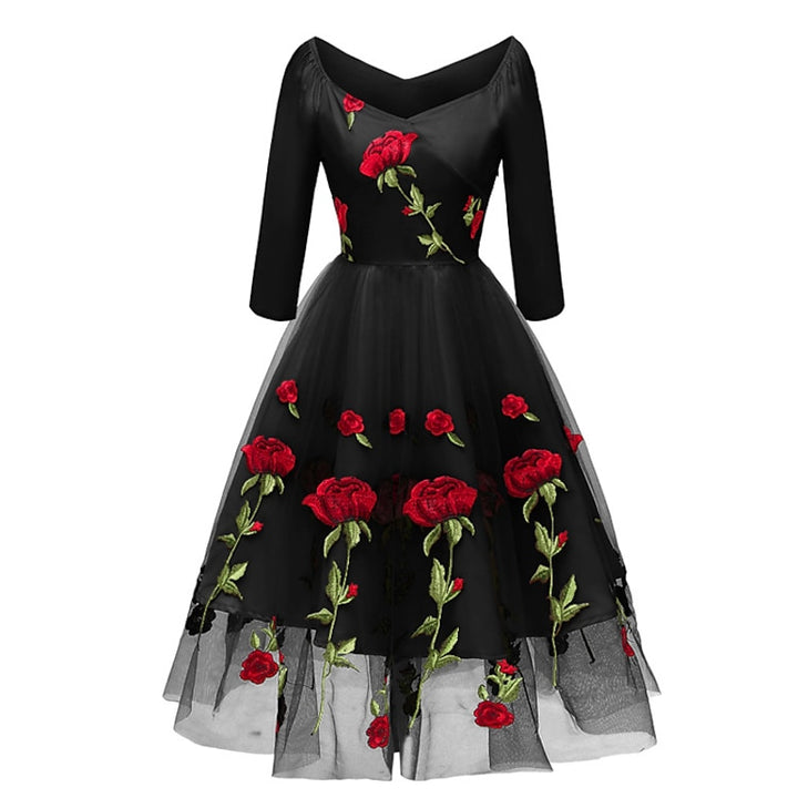 A-Line/Princess V-Neck Long Sleeves Tea-Length Halloween Performance Costumes Dress with Lace & Appliques