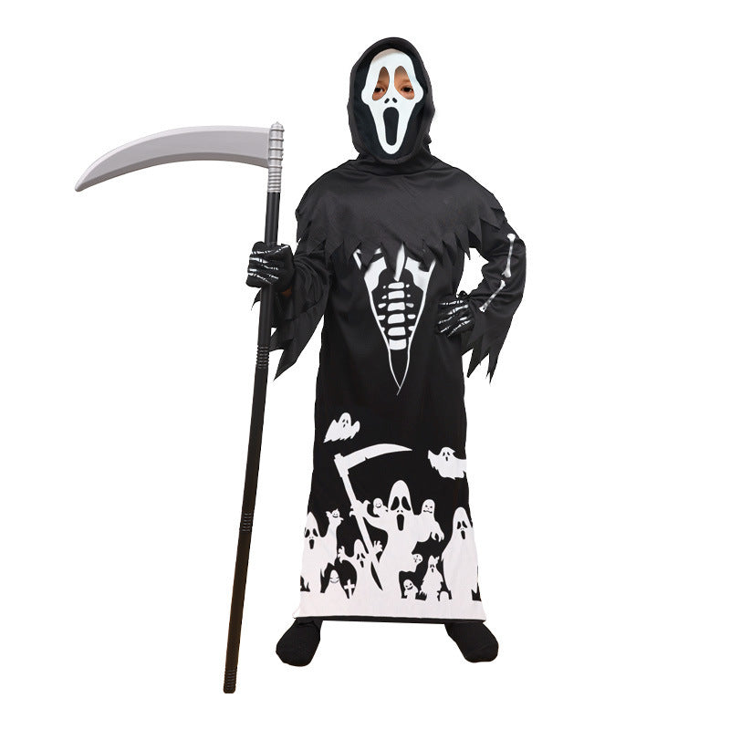 Grim Reaper Ghost Skeleton Print Halloween Costume Horror Costume with Luminous Scythe