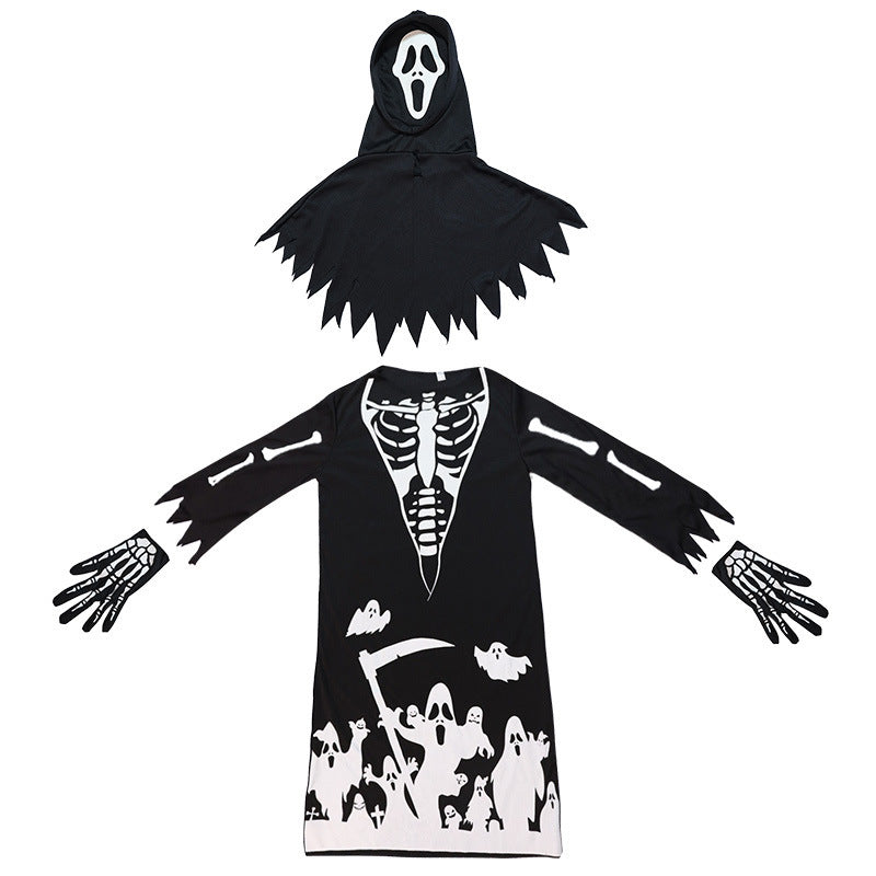 Grim Reaper Ghost Skeleton Print Halloween Costume Horror Costume with Luminous Scythe