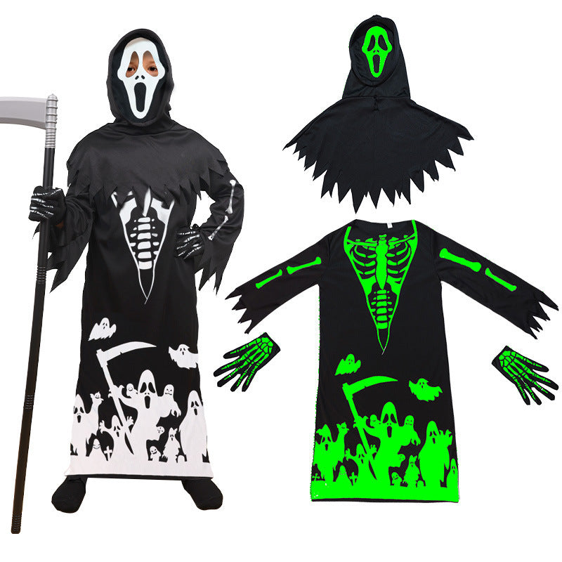 Grim Reaper Ghost Skeleton Print Halloween Costume Horror Costume with Luminous Scythe