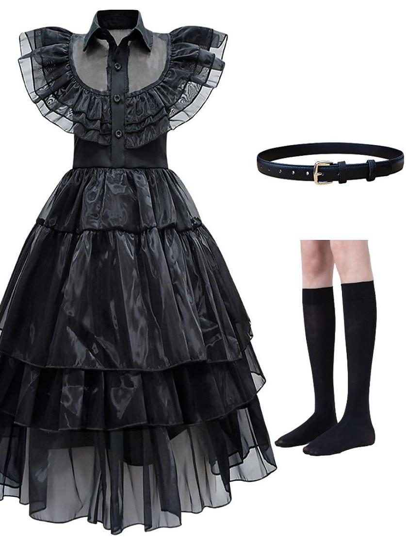 A-Line/Princess Jewel Neck Short Sleeves Asymmetrical Halloween Performance Costumes Dress with Waist Belt