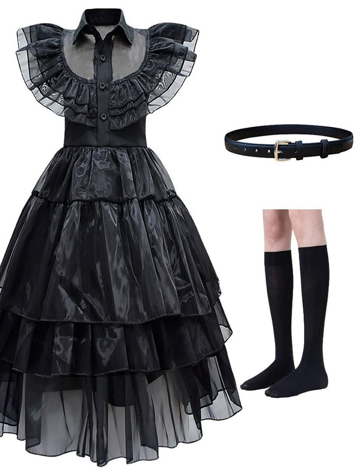 A-Line/Princess Jewel Neck Short Sleeves Asymmetrical Halloween Performance Costumes Dress with Waist Belt