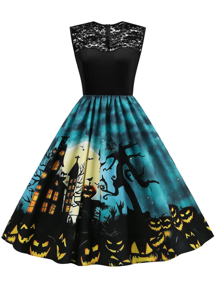 A-Line/Princess Round-Neck Sleeveless Knee-Length Halloween Performance Costumes Dress with Lace